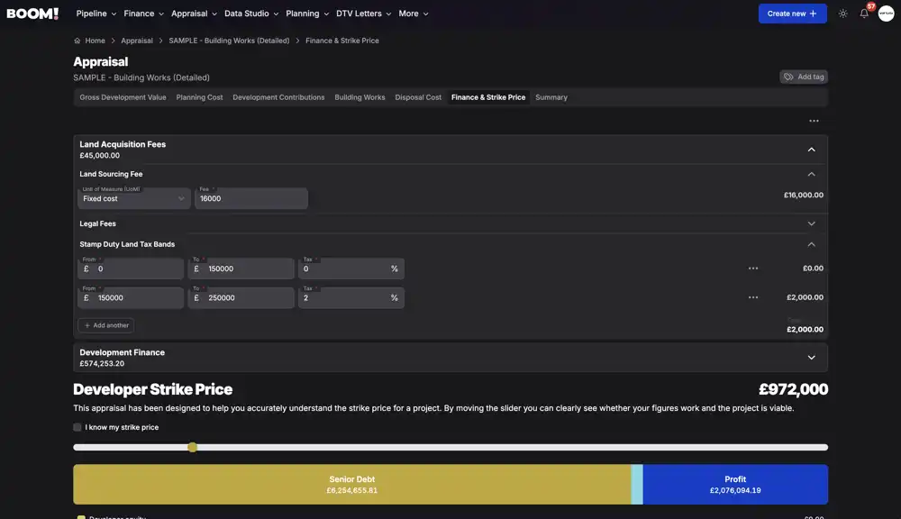 Finance costs and the strike price slider setting target profit