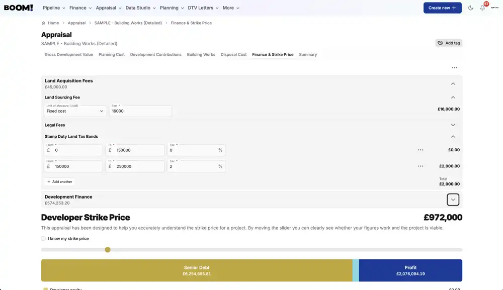 Finance costs and the strike price slider setting target profit