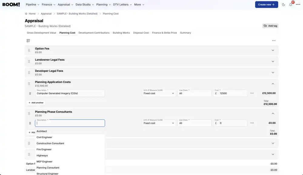 Planning cost lines including consultants, surveys and legal fees