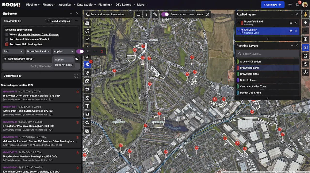 Brownfield land shown as a map layer over a town in BOOM!