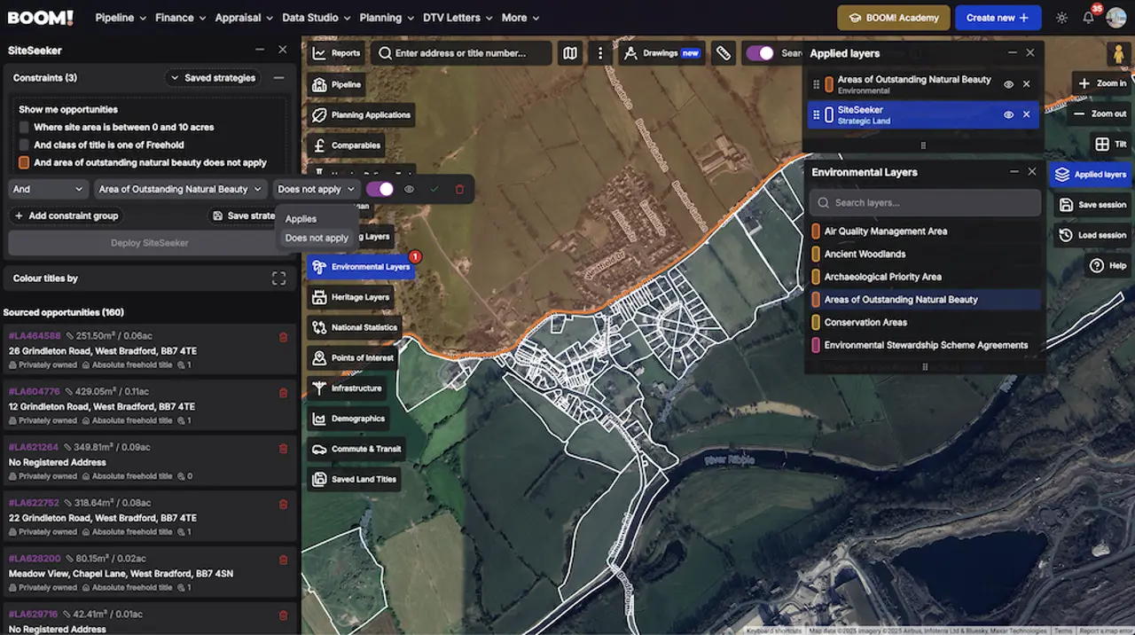 Map view showing an Area of Outstanding Natural Beauty boundary over a prospective development site