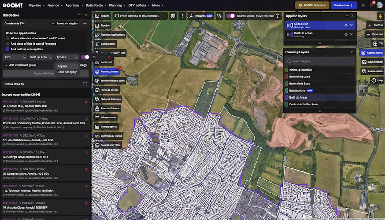 Built-up area and settlement boundary lines compared on a map