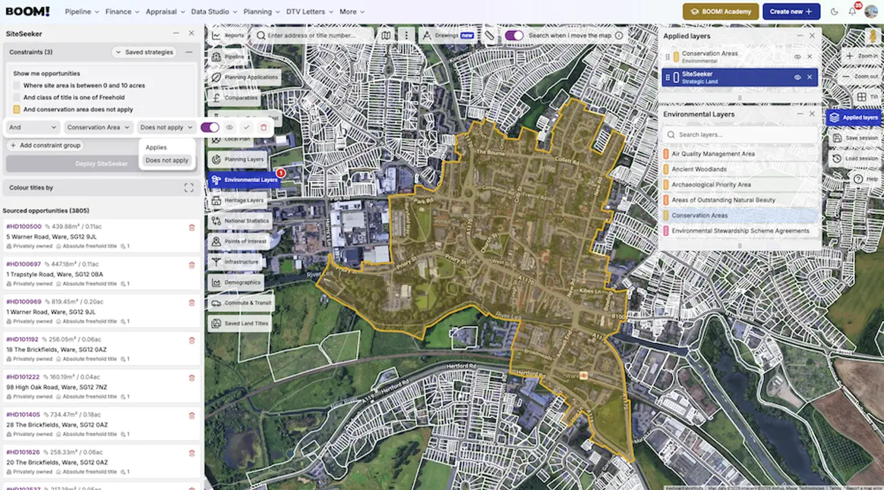 Conservation area boundary shown over a town centre with individual plots