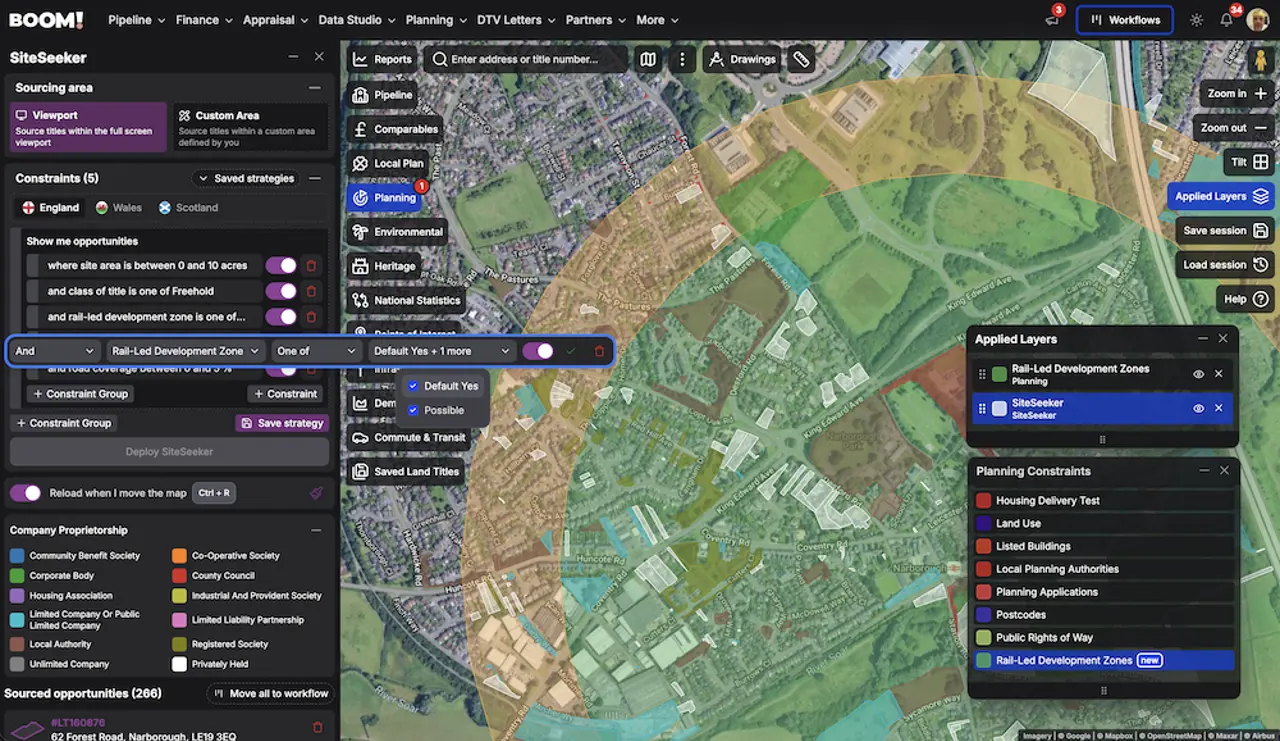 Rail-Led Development Zones shown around a station in BOOM!