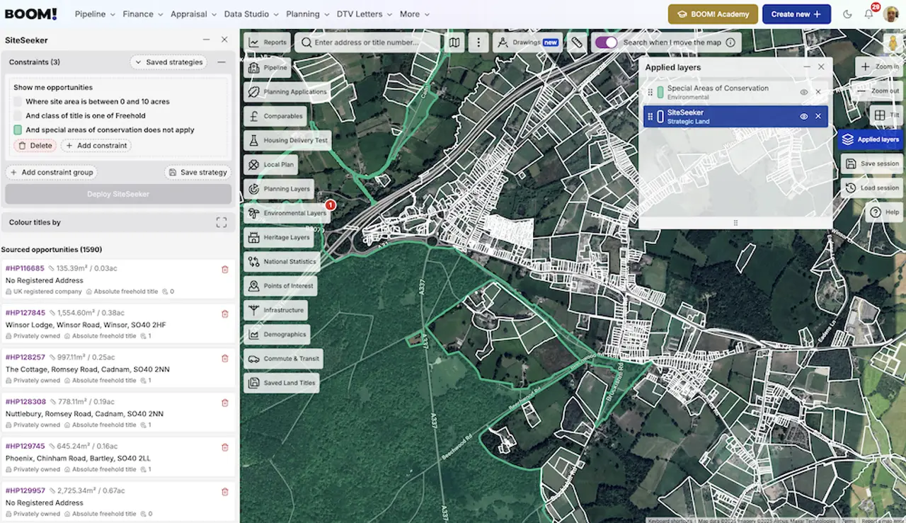 Special Area of Conservation boundaries shown as a data layer over prospective development sites