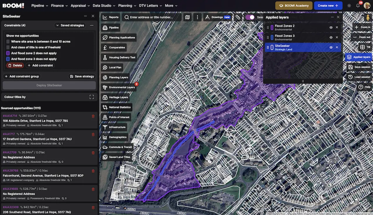 Flood zones shown over land parcels on the BOOM! map