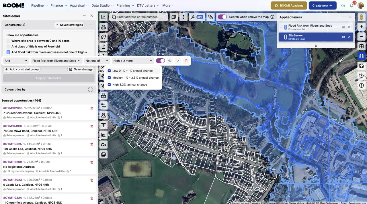 Flood risk layers displayed over a site in BOOM!