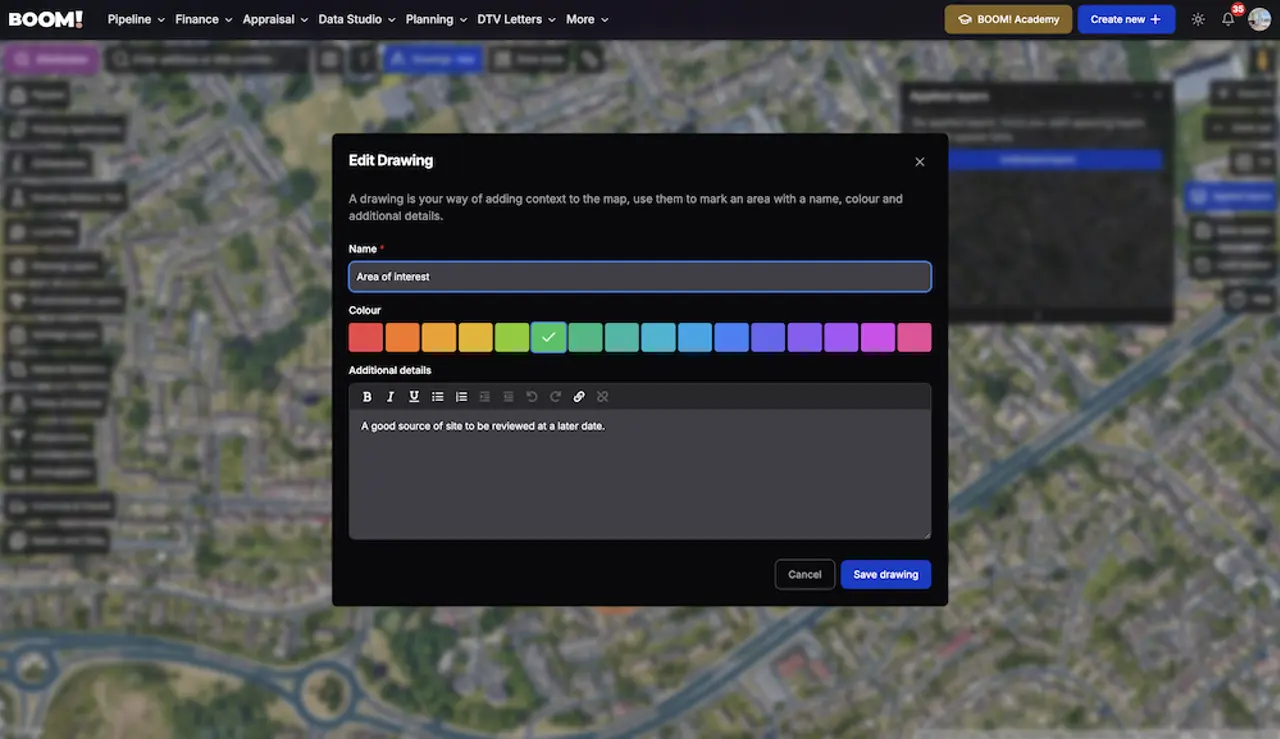 Drawing and measuring a site boundary on the map in BOOM! Data Studio