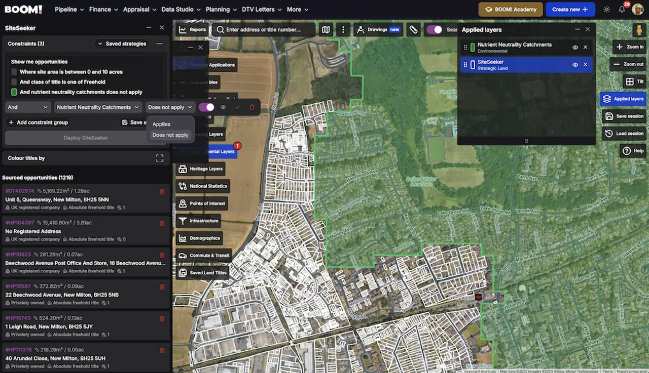 Nutrient neutrality catchments shown as a data layer over a map of prospective development sites