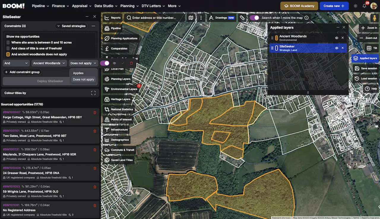 Ancient woodland shown as a data layer over prospective development sites
