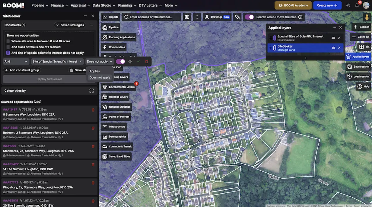 Site of Special Scientific Interest boundaries shown as a data layer over prospective development sites