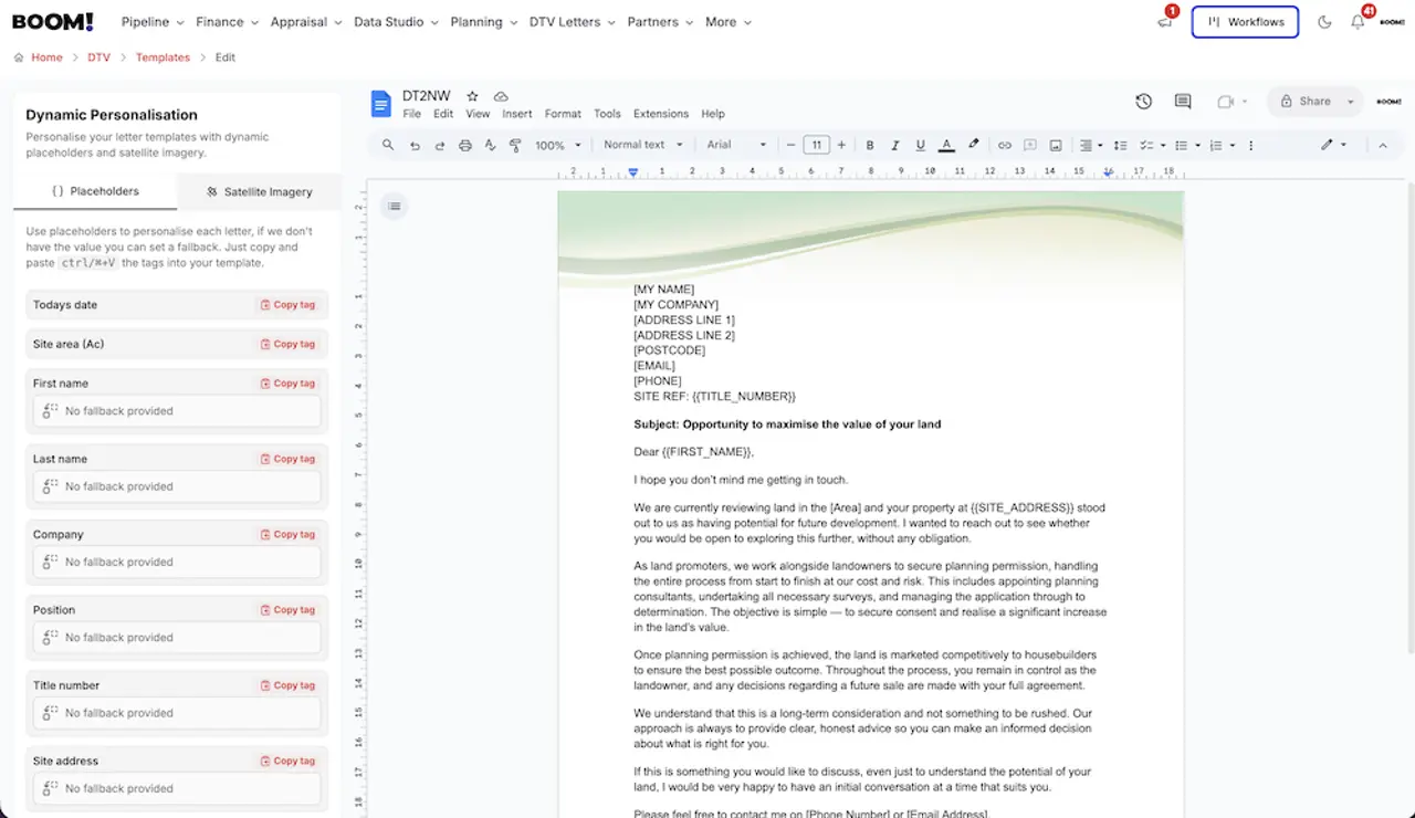 A direct-to-vendor letter template being edited in Google Docs from BOOM!