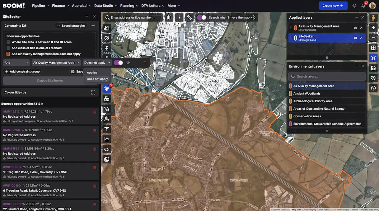 Air Quality Management Area boundaries shown as a data layer over prospective development sites