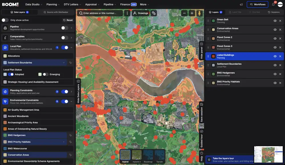 Planning constraint layers displayed over a site on the map