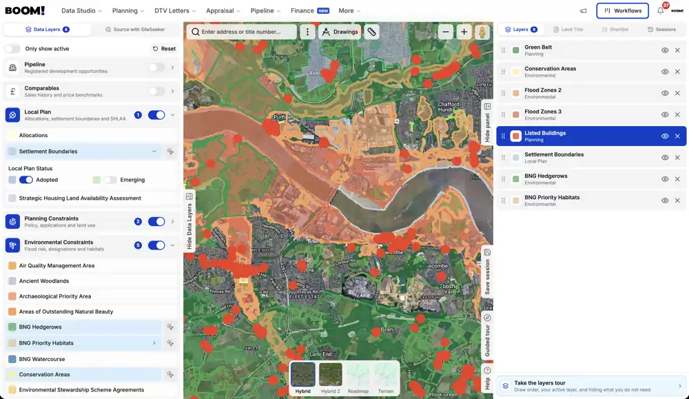Planning constraint layers displayed over a site on the map