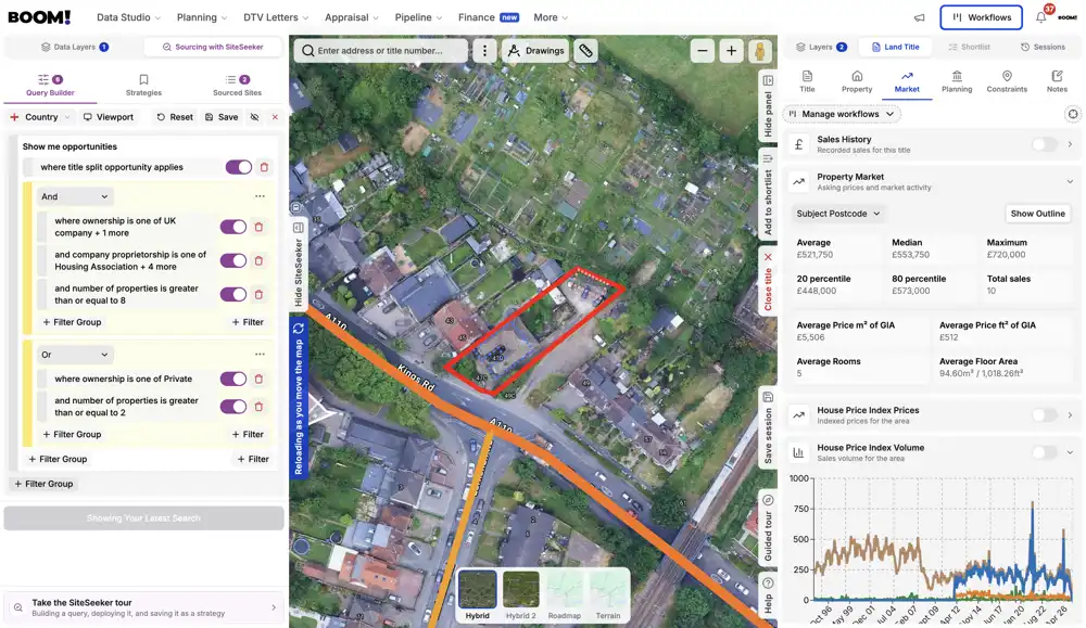SiteSeeker filters returning matching land titles across a target area