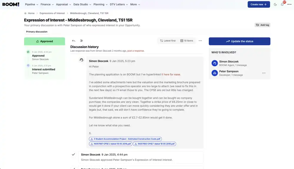 Expression of interest thread against a Pipeline opportunity