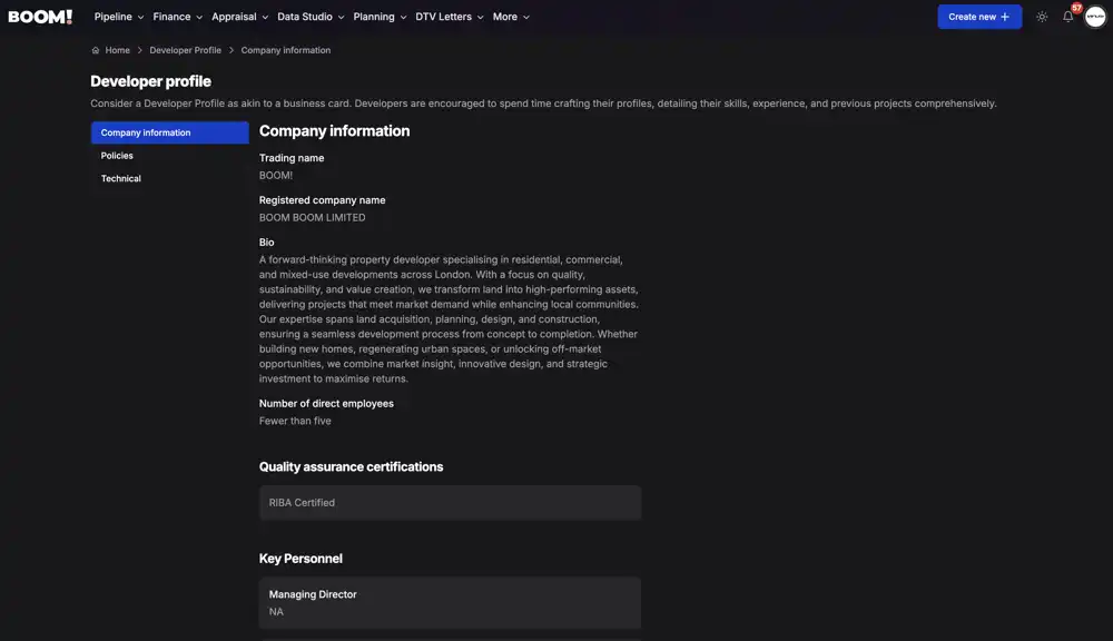 A company profile showing skills and completed development schemes