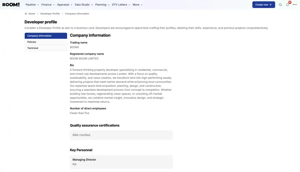 A company profile showing skills and completed development schemes