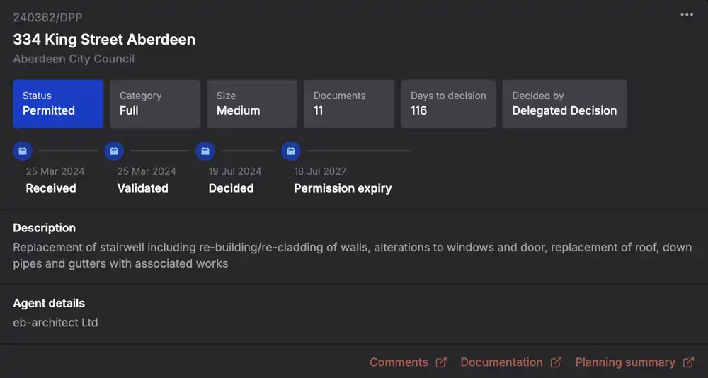Full detail view of a planning application including dates, proposal and agent