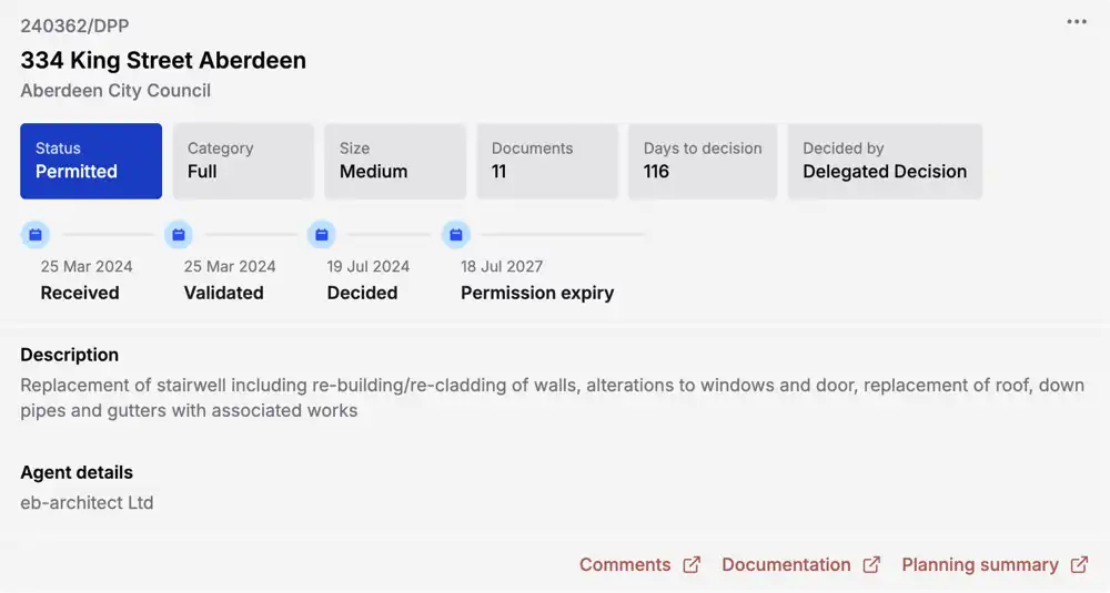 Full detail view of a planning application including dates, proposal and agent