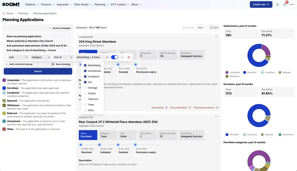 Filtered list of UK planning applications by authority, date and status