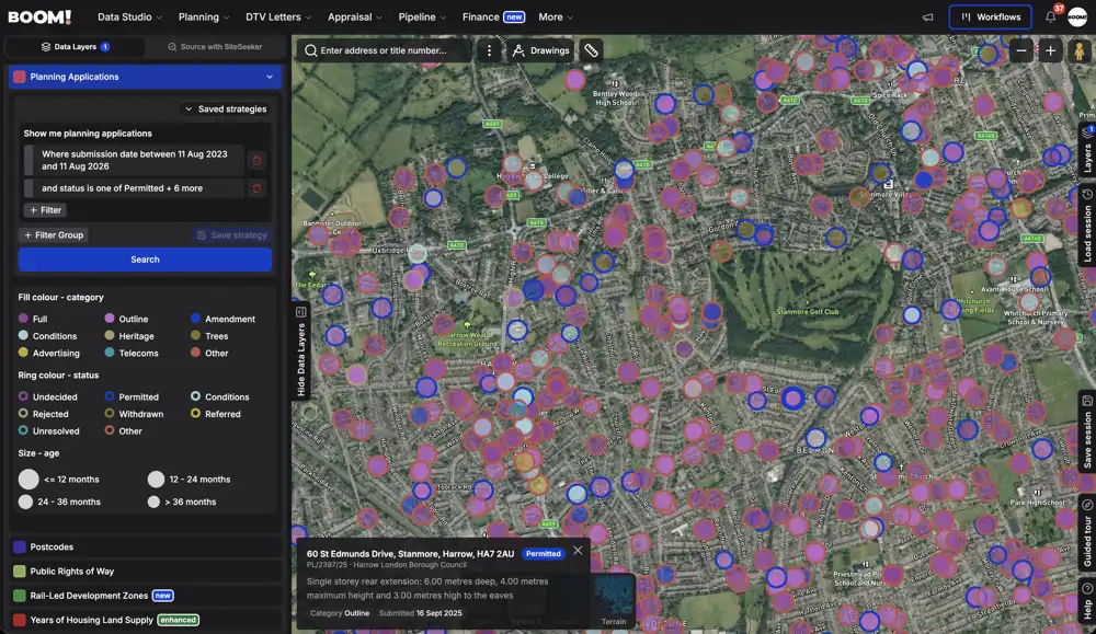 Planning applications plotted on the BOOM! map with filters applied
