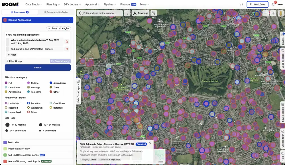 Planning applications plotted on the BOOM! map with filters applied