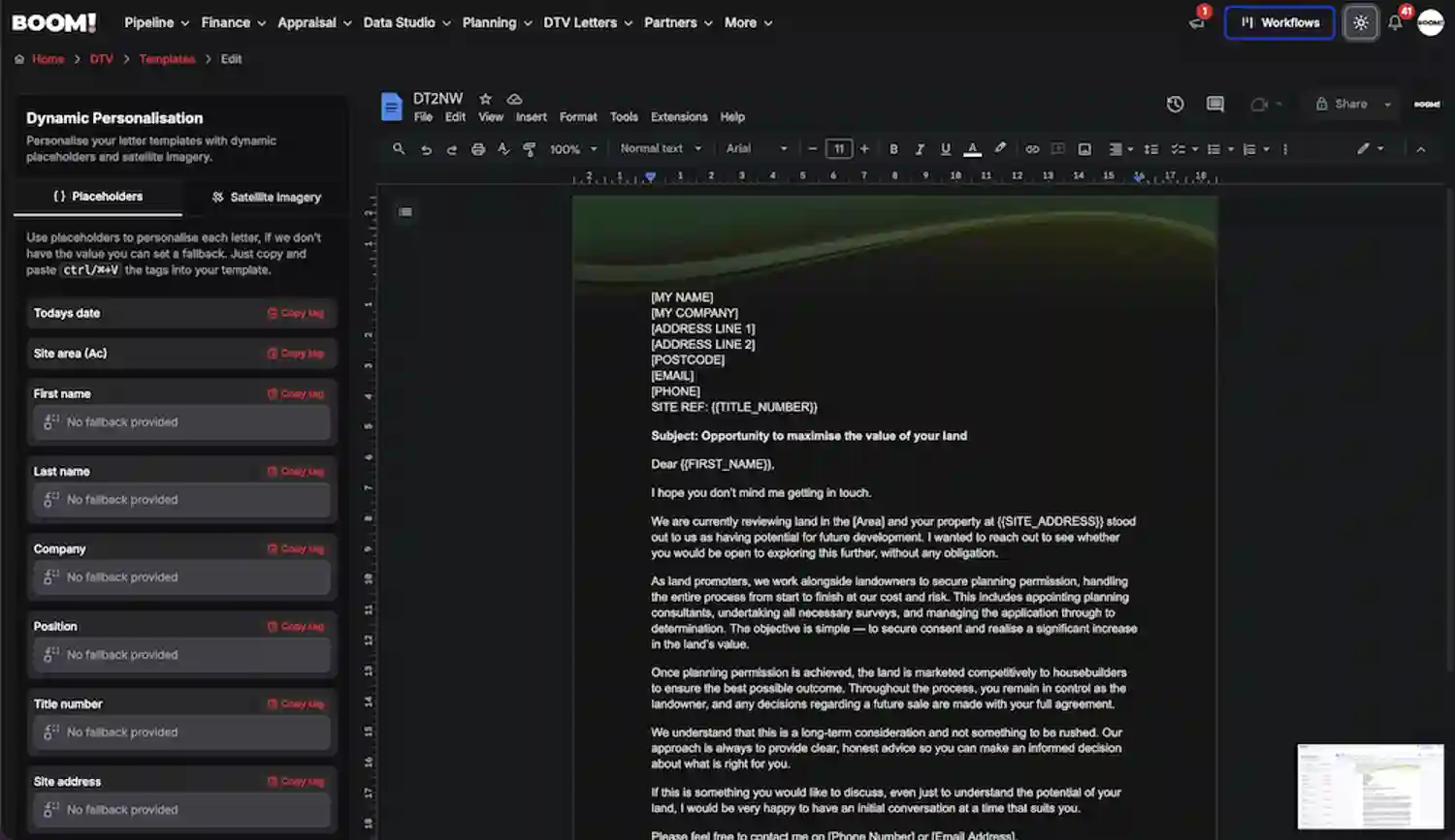 BOOM! Workflows & DTV Letter screenshot dark